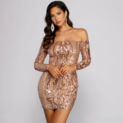 Windsor. Halston Sequin Mesh Off The Shoulder Mini Dress
