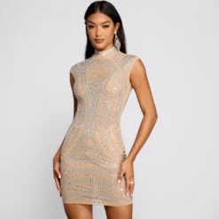Windsor. Vicky Heat Stone Mesh Mini Dress