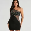 Windsor. Arianna Rhinestone One-Shoulder Sheer Mini Dress -Deals Skirt Store 05001 1328 1 1