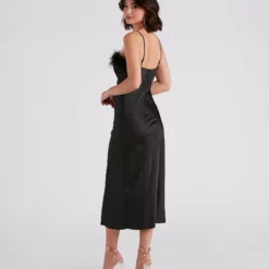 Windsor. Lizzy Feather Trim Satin Slip Dress -Deals Skirt Store 05001 1408 2