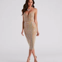 Windsor. Luisa Rhinestone V-Neck Midi Dress -Deals Skirt Store 05001 1420 1