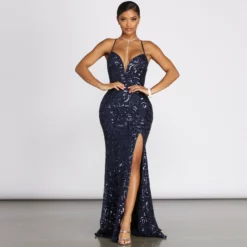 Windsor. Alese Scroll Sequin Cross Back Mermaid Dress