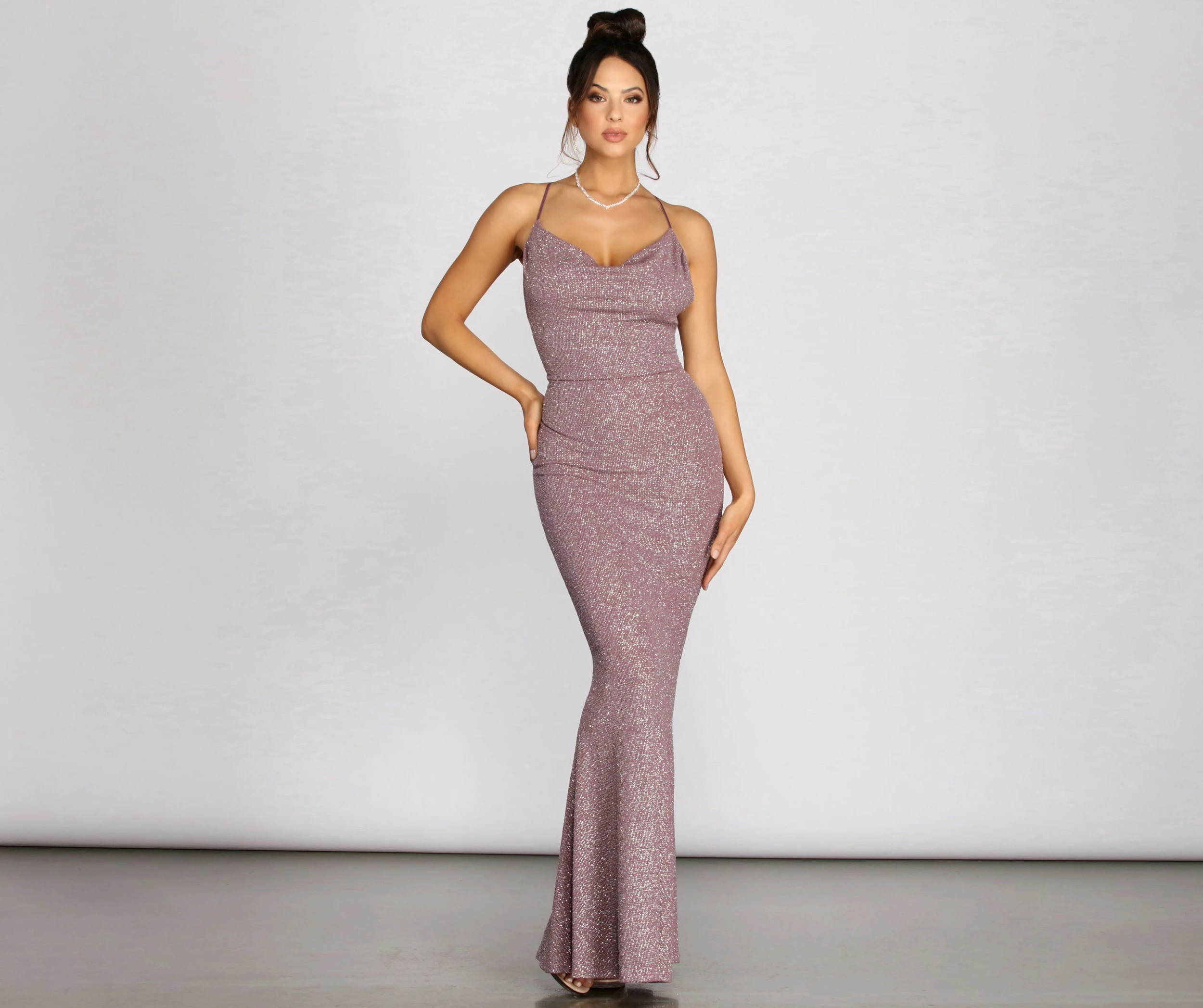 Windsor. Nivea Mauve Glitter Cowl Neck Evening Gown 3 Windsor. Nivea Mauve Glitter Cowl Neck Evening Gown
