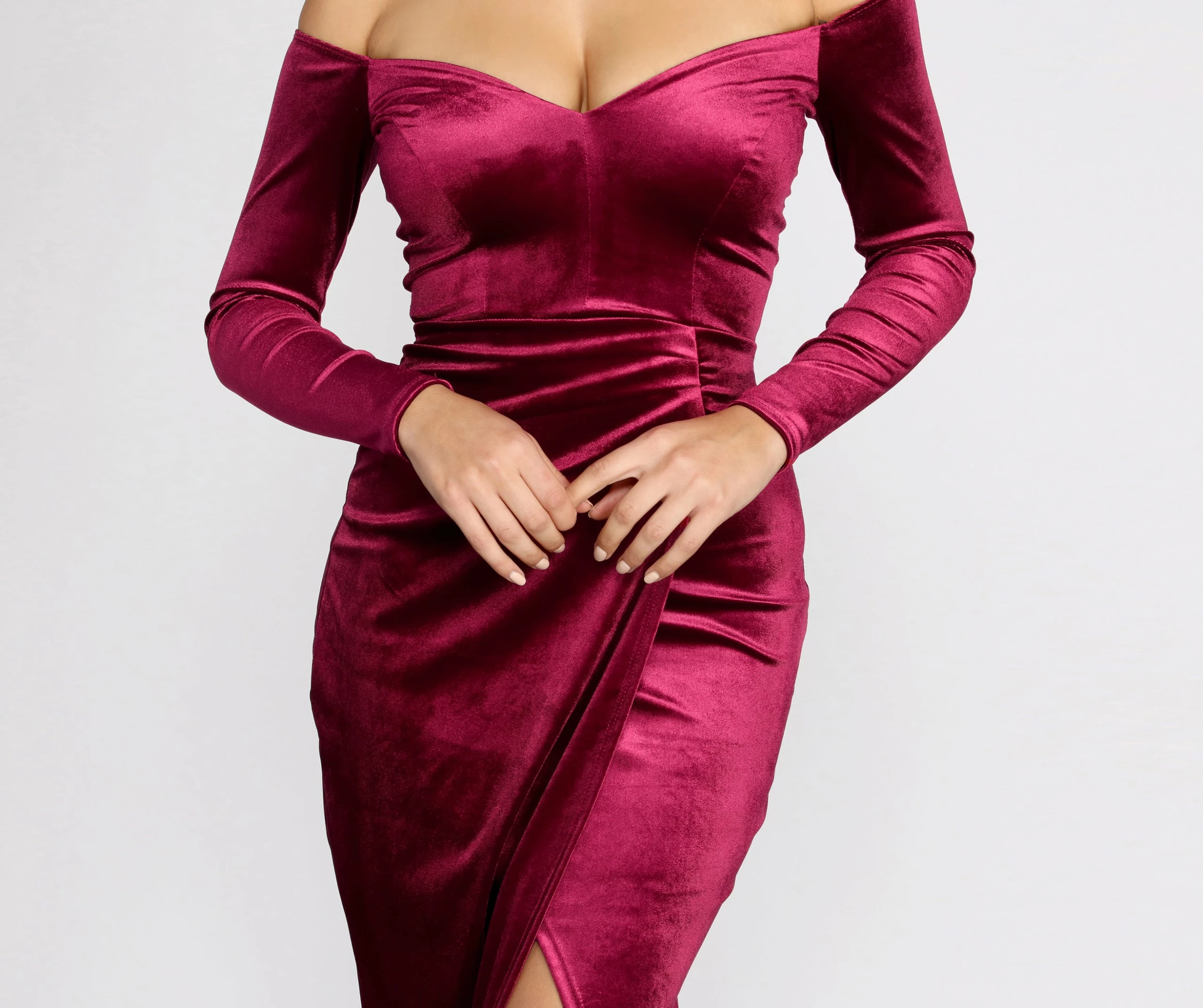 Windsor. Celeste Off The Shoulder Wrap Front Velvet Dress 5 Windsor. Celeste Off The Shoulder Wrap Front Velvet Dress - Image 3
