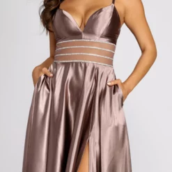 Windsor. Delaney Satin Triple Rhinestone Trim A-Line Dress -Deals Skirt Store 05002 0931 4