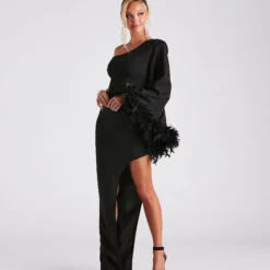 Windsor. Vivian One-Shoulder Feather Trim Formal Dress
