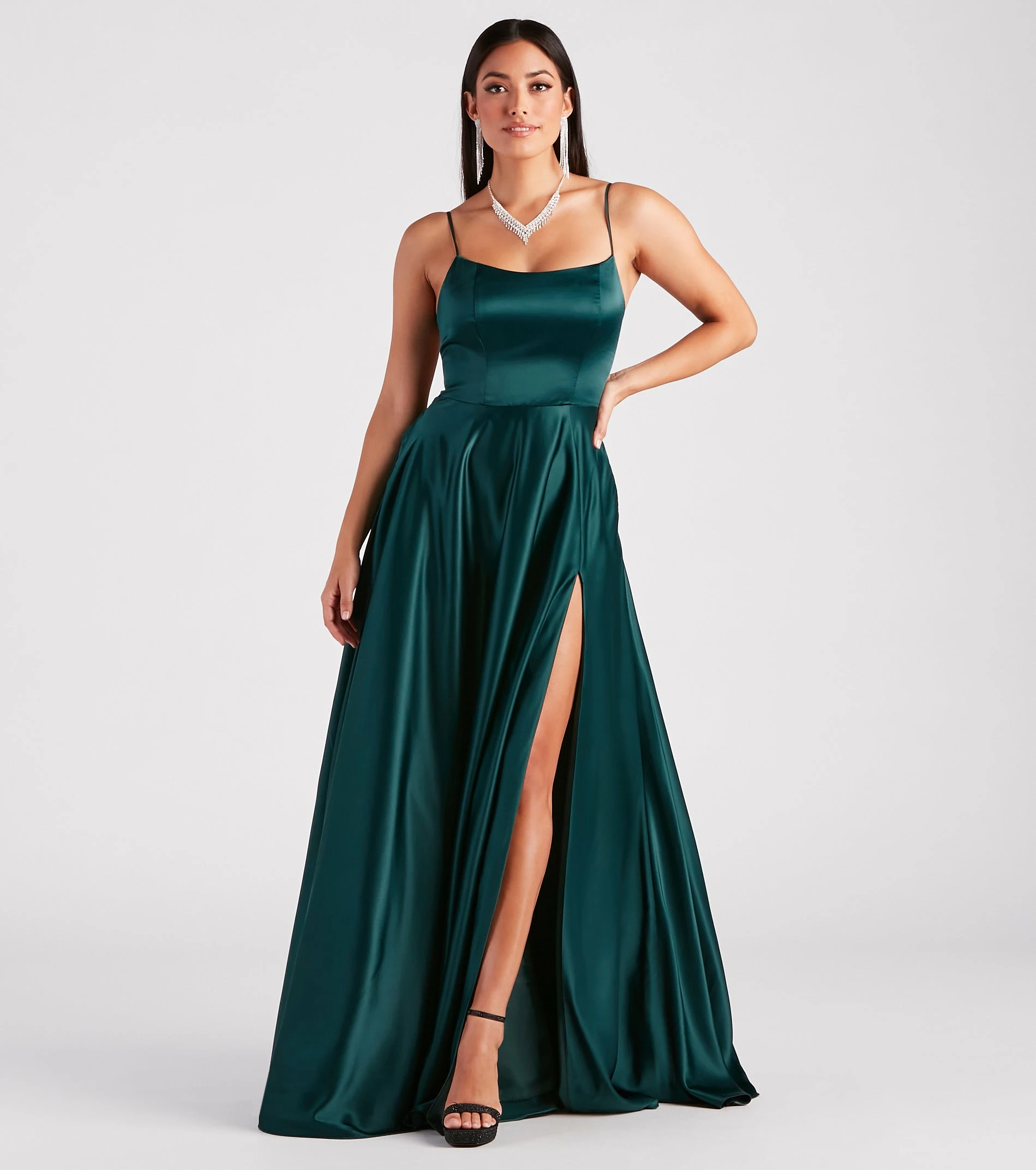 Windsor. Rylan High Slit A-Line Satin Formal Dress 3 Windsor. Rylan High Slit A-Line Satin Formal Dress