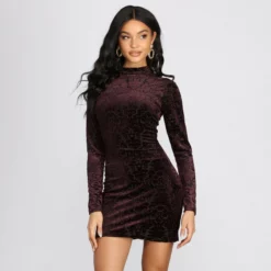 Windsor. Flocked Velvet Mock Neck Mini Dress