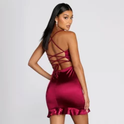 Windsor. Ruffle Hem Satin Mini Dress