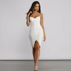 Windsor. Hook And Eye Mesh Ruched Midi Dress