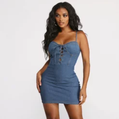 Windsor. Lace Up Sweetheart Neck Denim Mini Dress