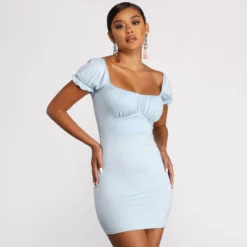 Windsor. Puff Sleeve Ruched Knit Mini Dress