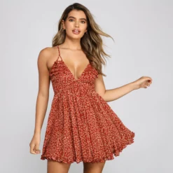 Windsor. Floral Twirl Ruffled Skater Dress