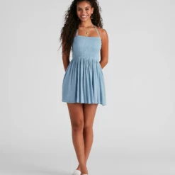 Windsor. Back Beauty Linen Halter Skater Dress -Deals Skirt Store 05102 4404 3