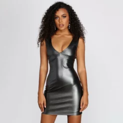 Windsor. Sleeveless Faux Leather Metallic Dress